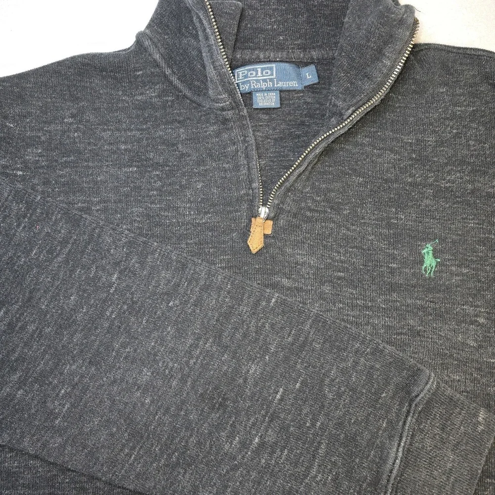 Polo Ralph Lauren Men's Large Estate Rib 1/4 Zip Pullover Grey Green Pony Preppy